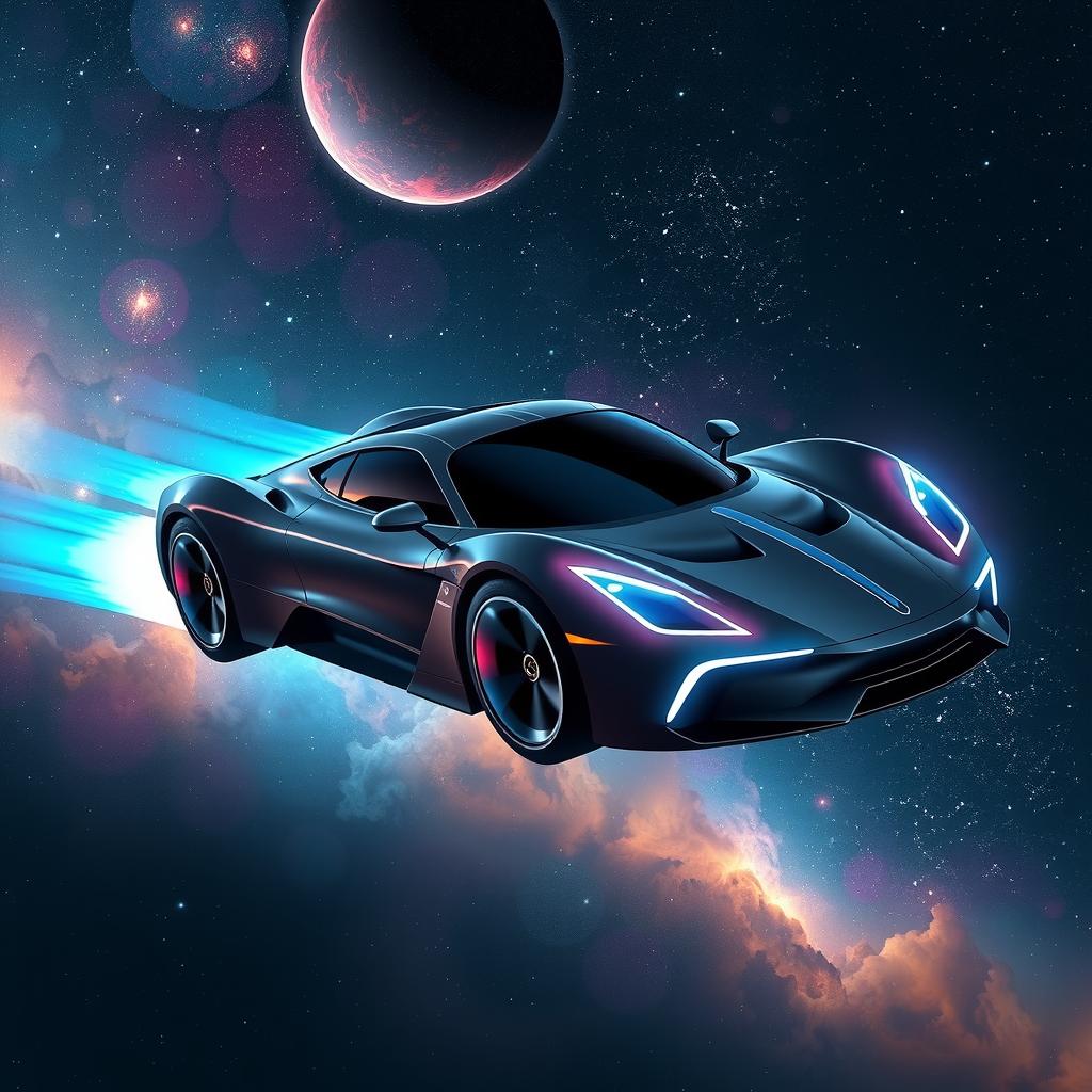 A futuristic car with neon lights flies through a vibrant cosmic scene with nebulae, stars, and galaxies, using thrusters instead of wheels