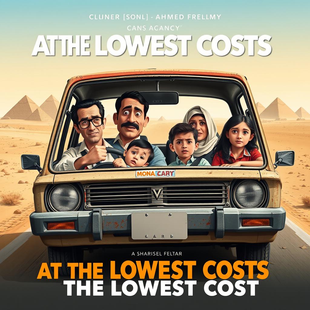 A poster for a comedy film titled 'At the Lowest Costs' depicting an Egyptian family consisting of a 40-year-old father who resembles the artist Ahmed Helmy, a 35-year-old mother who resembles the artist Mona Zaki, a 10-year-old son, and a 14-year-old daughter