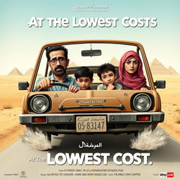 A poster for a comedy film titled 'At the Lowest Costs' depicting an Egyptian family consisting of a 40-year-old father who resembles the artist Ahmed Helmy, a 35-year-old mother who resembles the artist Mona Zaki, a 10-year-old son, and a 14-year-old daughter