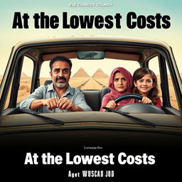 A poster for a comedy film titled 'At the Lowest Costs' depicting an Egyptian family consisting of a 40-year-old father who resembles the artist Ahmed Helmy, a 35-year-old mother who resembles the artist Mona Zaki, a 10-year-old son, and a 14-year-old daughter