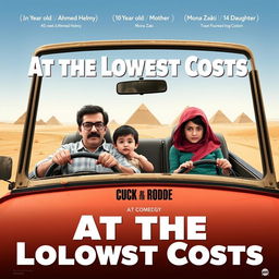 A poster for a comedy film titled 'At the Lowest Costs' depicting an Egyptian family consisting of a 40-year-old father who resembles the artist Ahmed Helmy, a 35-year-old mother who resembles the artist Mona Zaki, a 10-year-old son, and a 14-year-old daughter