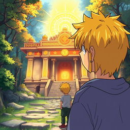 A manga-style teenager with yellow hair discovers the Sun Pill temple, an ancient and mystical place known for its ability to destroy dark matter or energy