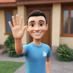 A friendly avatar waving hello in a warm and welcoming setting