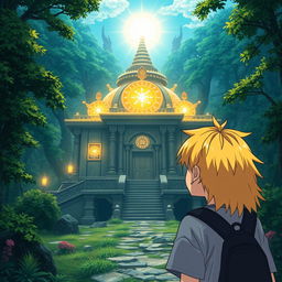 A manga-style teenager with yellow hair discovers the Sun Pill temple, an ancient and mystical place known for its ability to destroy dark matter or energy