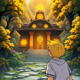 A manga-style teenager with yellow hair discovers the Sun Pill temple, an ancient and mystical place known for its ability to destroy dark matter or energy