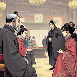 Create an intricate scene depicting a political dynasty in the style of a manhwa