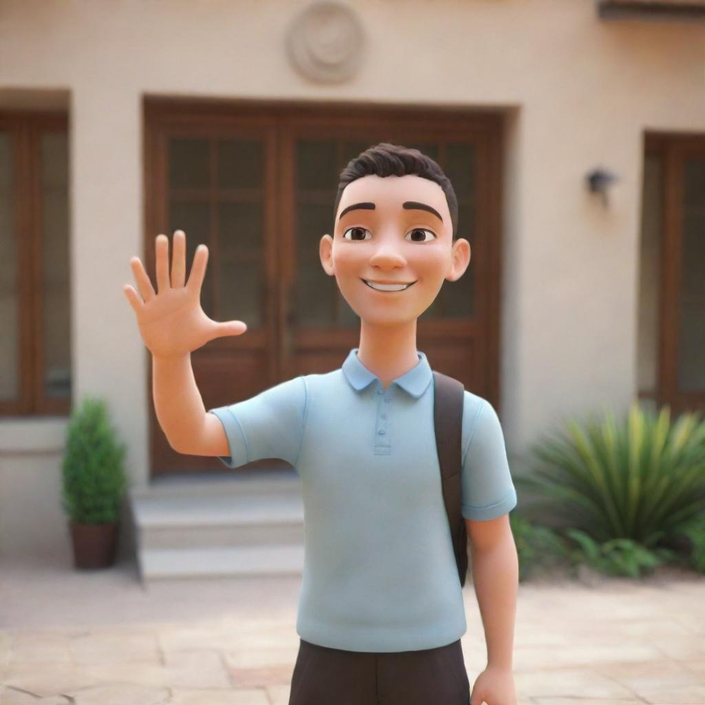 A friendly avatar waving hello in a warm and welcoming setting