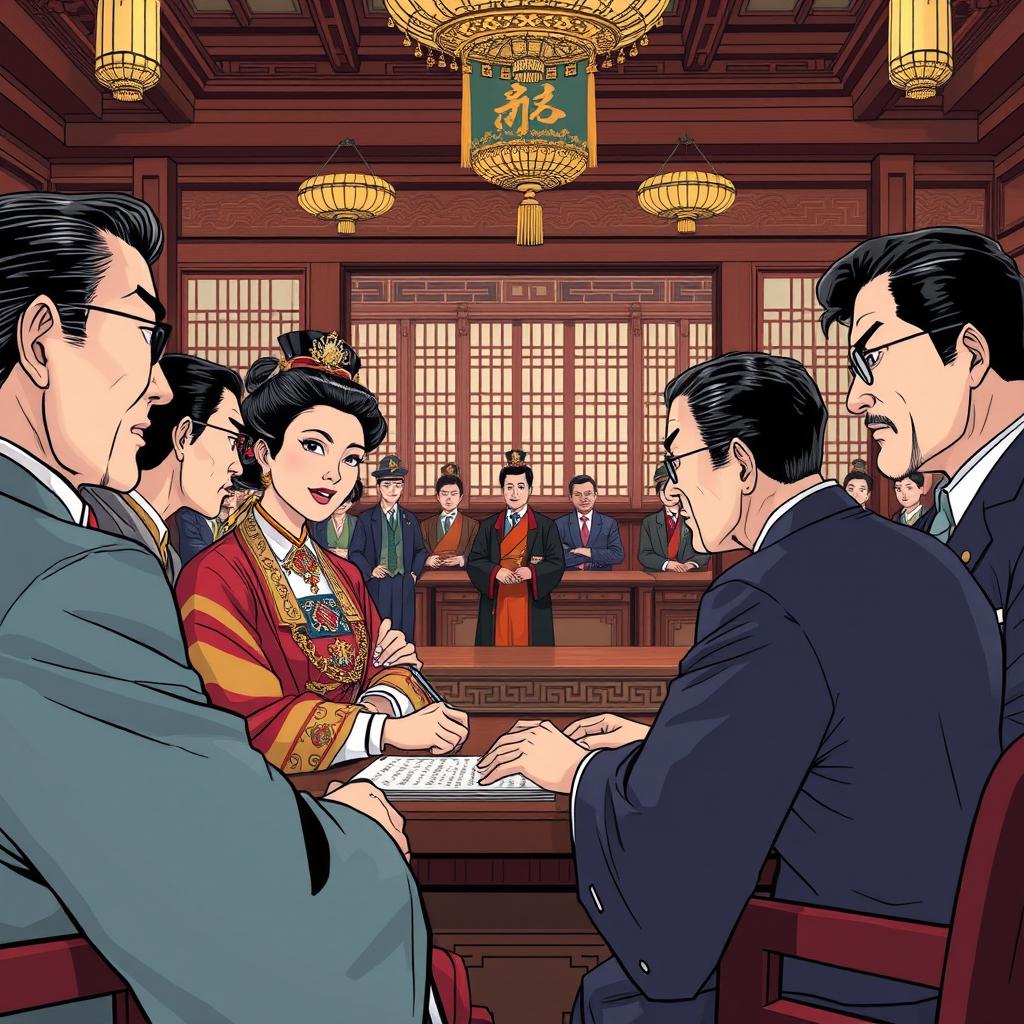 Create an intricate scene depicting a presidential political dynasty in the style of a manhwa