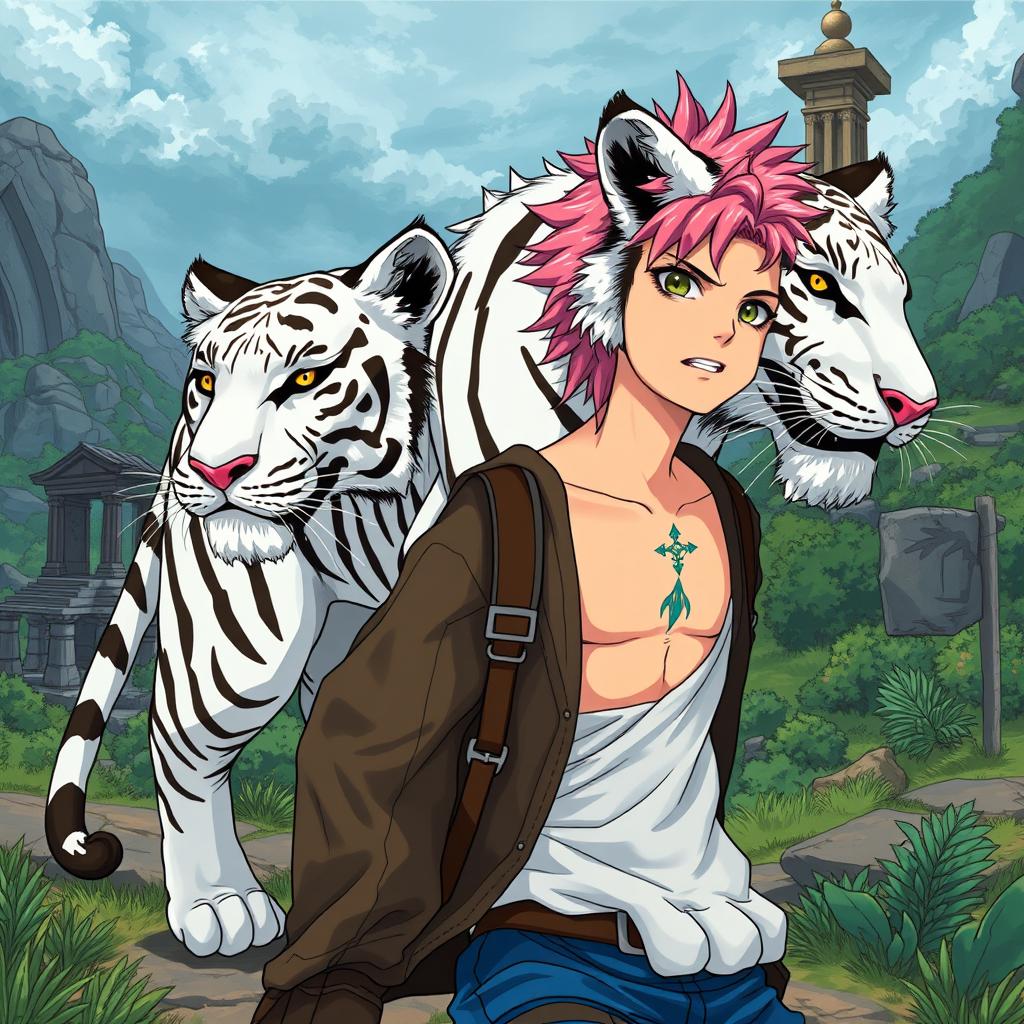 A manga-style teenager with pink hair and a nether star tattoo on his neck sets off on an adventure with a majestic white tiger