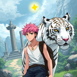 A manga-style teenager with pink hair and a nether star tattoo on his neck sets off on an adventure with a majestic white tiger