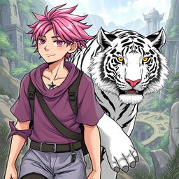 A manga-style teenager with pink hair and a nether star tattoo on his neck sets off on an adventure with a majestic white tiger