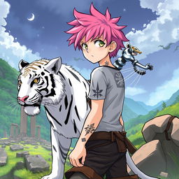 A manga-style teenager with pink hair and a nether star tattoo on his neck sets off on an adventure with a majestic white tiger