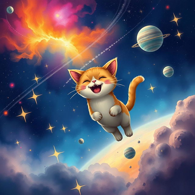 A whimsical scene of a flying cat in space, soaring through a starry galaxy with colorful nebulae and distant planets in the background