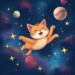 A whimsical scene of a flying cat in space, soaring through a starry galaxy with colorful nebulae and distant planets in the background