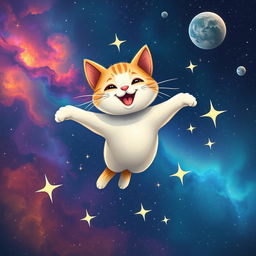 A whimsical scene of a flying cat in space, soaring through a starry galaxy with colorful nebulae and distant planets in the background