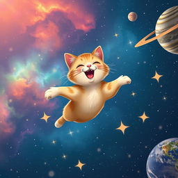 A whimsical scene of a flying cat in space, soaring through a starry galaxy with colorful nebulae and distant planets in the background