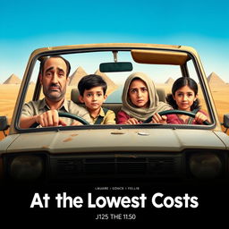 A poster for a comedy film titled 'At the Lowest Costs' depicting an Egyptian family consisting of a 40-year-old father who resembles the artist Ahmed Helmy, a 35-year-old mother who resembles the artist Mona Zaki, a 10-year-old son, and a 14-year-old daughter