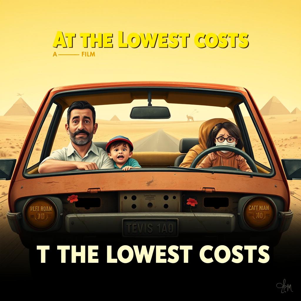 A poster for a comedy film titled 'At the Lowest Costs' depicting an Egyptian family consisting of a 40-year-old father who resembles the artist Ahmed Helmy, a 35-year-old mother who resembles the artist Mona Zaki, a 10-year-old son, and a 14-year-old daughter