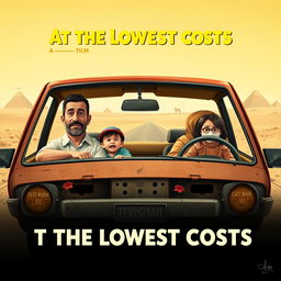 A poster for a comedy film titled 'At the Lowest Costs' depicting an Egyptian family consisting of a 40-year-old father who resembles the artist Ahmed Helmy, a 35-year-old mother who resembles the artist Mona Zaki, a 10-year-old son, and a 14-year-old daughter