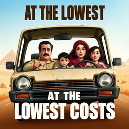 A poster for a comedy film titled 'At the Lowest Costs' depicting an Egyptian family consisting of a 40-year-old father who resembles the artist Ahmed Helmy, a 35-year-old mother who resembles the artist Mona Zaki, a 10-year-old son, and a 14-year-old daughter