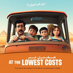 A poster for a comedy film titled 'At the Lowest Costs' depicting an Egyptian family consisting of a 40-year-old father who resembles the artist Ahmed Helmy, a 35-year-old mother who resembles the artist Mona Zaki, a 10-year-old son, and a 14-year-old daughter