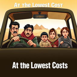 A poster for a comedy film titled 'At the Lowest Costs' depicting an Egyptian family consisting of a 40-year-old father who resembles the artist Ahmed Helmy, a 35-year-old mother who resembles the artist Mona Zaki, a 10-year-old son, and a 14-year-old daughter