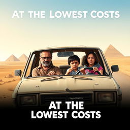 A poster for a comedy film titled 'At the Lowest Costs' depicting an Egyptian family consisting of a 40-year-old father who resembles the artist Ahmed Helmy, a 35-year-old mother who resembles the artist Mona Zaki, a 10-year-old son, and a 14-year-old daughter