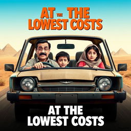 A poster for a comedy film titled 'At the Lowest Costs' depicting an Egyptian family consisting of a 40-year-old father who resembles the artist Ahmed Helmy, a 35-year-old mother who resembles the artist Mona Zaki, a 10-year-old son, and a 14-year-old daughter