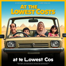 A poster for a comedy film titled 'At the Lowest Costs' depicting an Egyptian family consisting of a 40-year-old father who resembles the artist Ahmed Helmy, a 35-year-old mother who resembles the artist Mona Zaki, a 10-year-old son, and a 14-year-old daughter