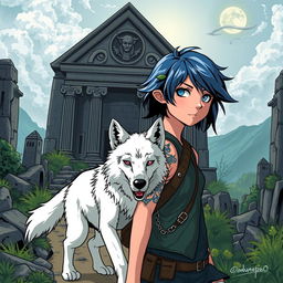 A manga-style teenage girl with blue hair and a wolf tattoo sets off on an adventure to find the sacred temple