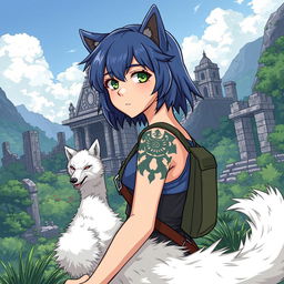 A manga-style teenage girl with blue hair and a wolf tattoo sets off on an adventure to find the sacred temple