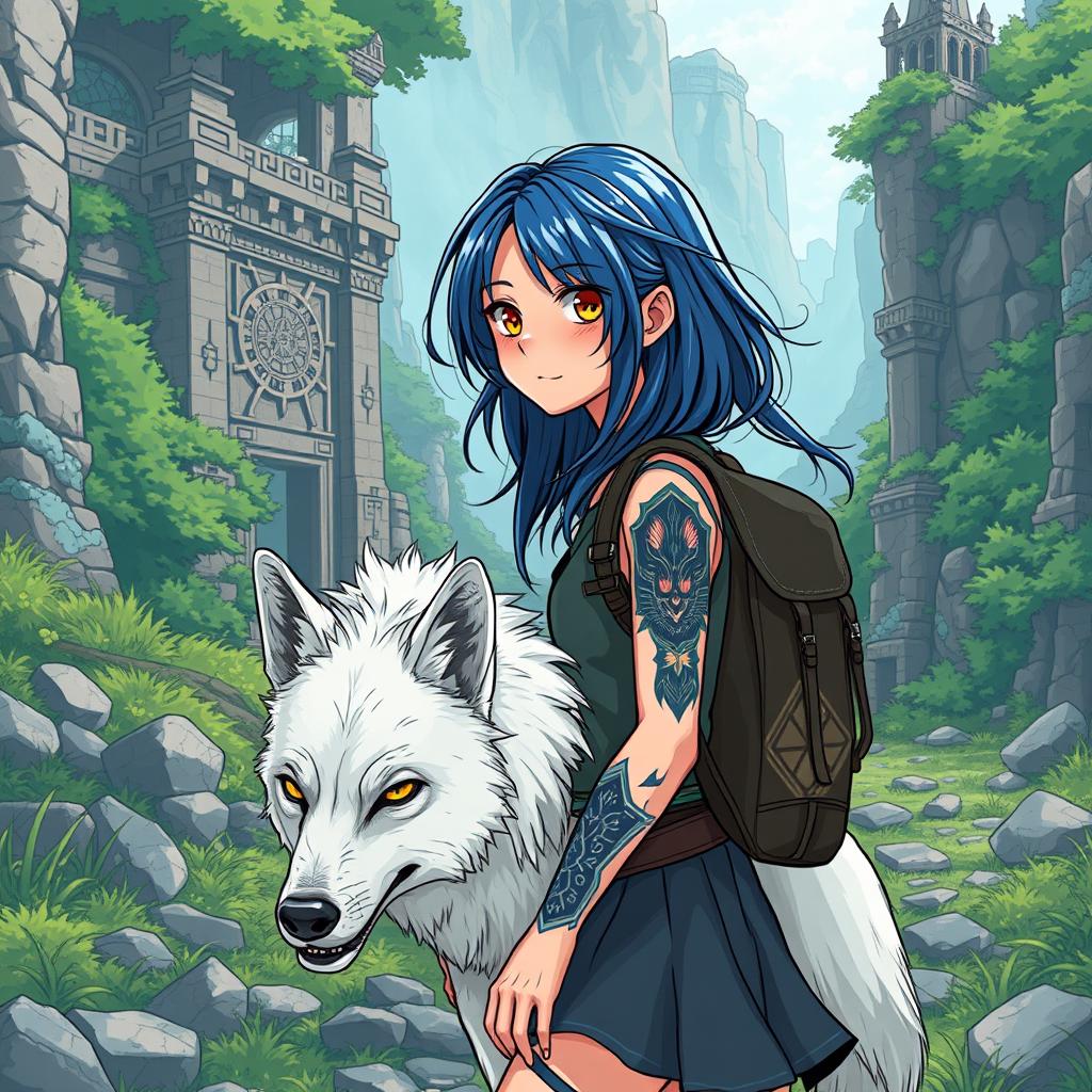 A manga-style teenage girl with blue hair and a wolf tattoo sets off on an adventure to find the sacred temple