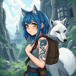 A manga-style teenage girl with blue hair and a wolf tattoo sets off on an adventure to find the sacred temple