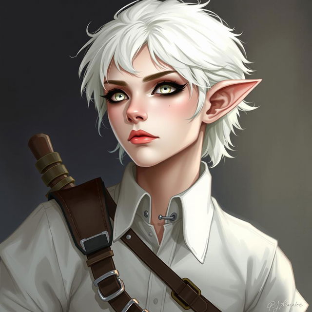 A portrait style illustration of a Dungeons and Dragons character, a changeling ranger with soft features, white skin, short fluffy white hair, and completely white eyes