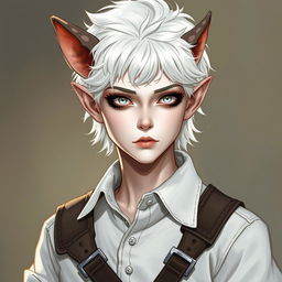 A portrait style illustration of a Dungeons and Dragons character, a changeling ranger with soft features, white skin, short fluffy white hair, and completely white eyes