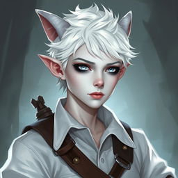 A portrait style illustration of a Dungeons and Dragons character, a changeling ranger with soft features, white skin, short fluffy white hair, and completely white eyes