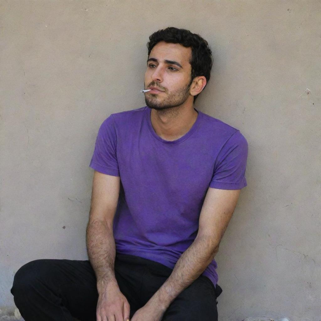 A 25-year-old Iranian Muslim man, donned in a purple t-shirt and black pants, sitting behind a wall immersed in his thoughts whilst smoking.