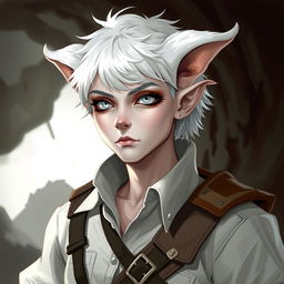 A portrait style illustration of a Dungeons and Dragons character, a changeling ranger with soft features, white skin, short fluffy white hair, and completely white eyes