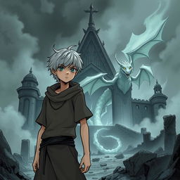 A manga-style teenage boy with gray hair discovers the Death Temple, a mystical place that grants the power to control dead spirits