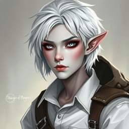 A portrait style illustration of a Dungeons and Dragons character, a changeling ranger with white skin, short fluffy white hair, and completely white eyes