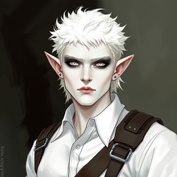 A portrait style illustration of a Dungeons and Dragons character, a changeling ranger with white skin, short fluffy white hair, and completely white eyes