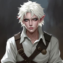 A portrait style illustration of a Dungeons and Dragons character, a changeling ranger with white skin, short fluffy white hair, and completely white eyes