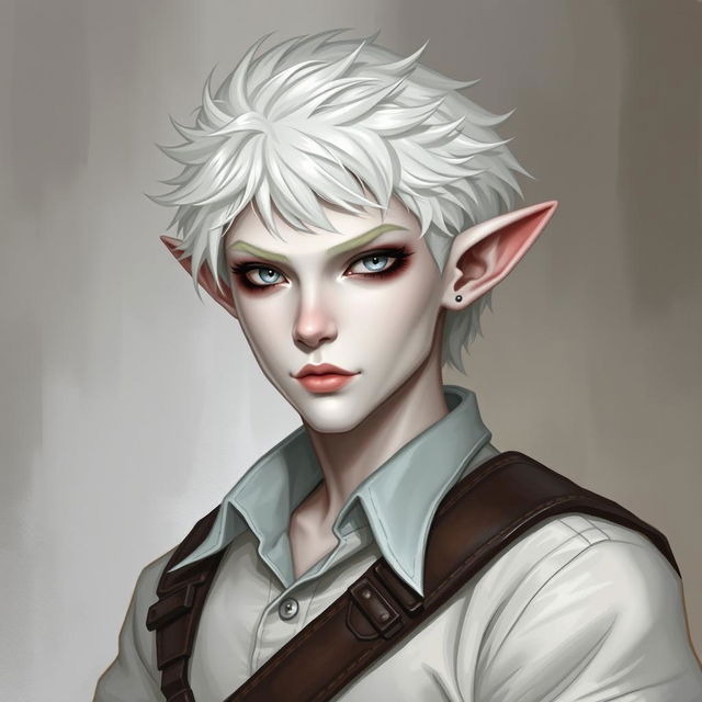 A portrait style illustration of a Dungeons and Dragons character, a changeling ranger with white skin, short fluffy white hair, and completely white eyes