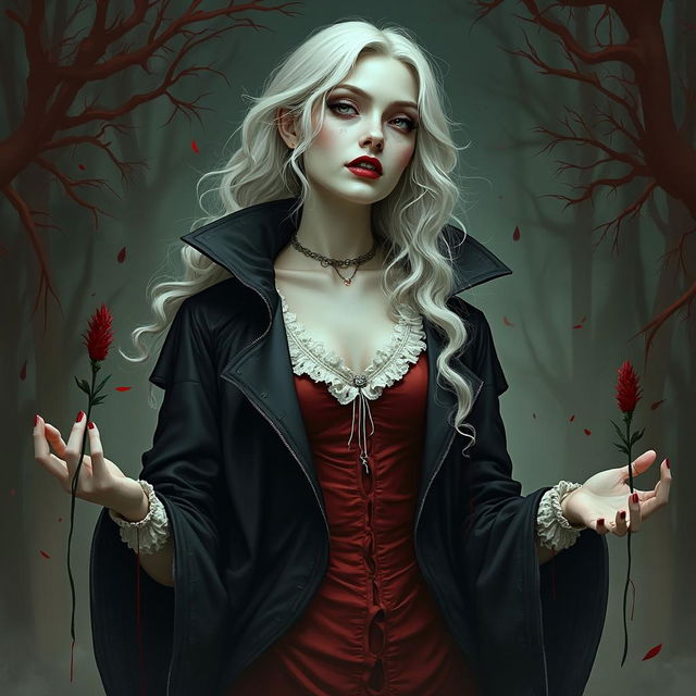 Create a detailed vampire character design for a gothic novel cover, featuring a haunting figure with pale skin, Victorian clothing, and a dark, moody background with gothic elements