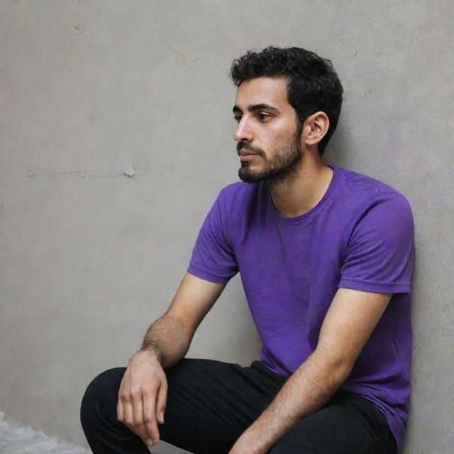 A 25-year-old Iranian Muslim man, donned in a purple t-shirt and black pants, sitting behind a wall immersed in his thoughts whilst smoking.