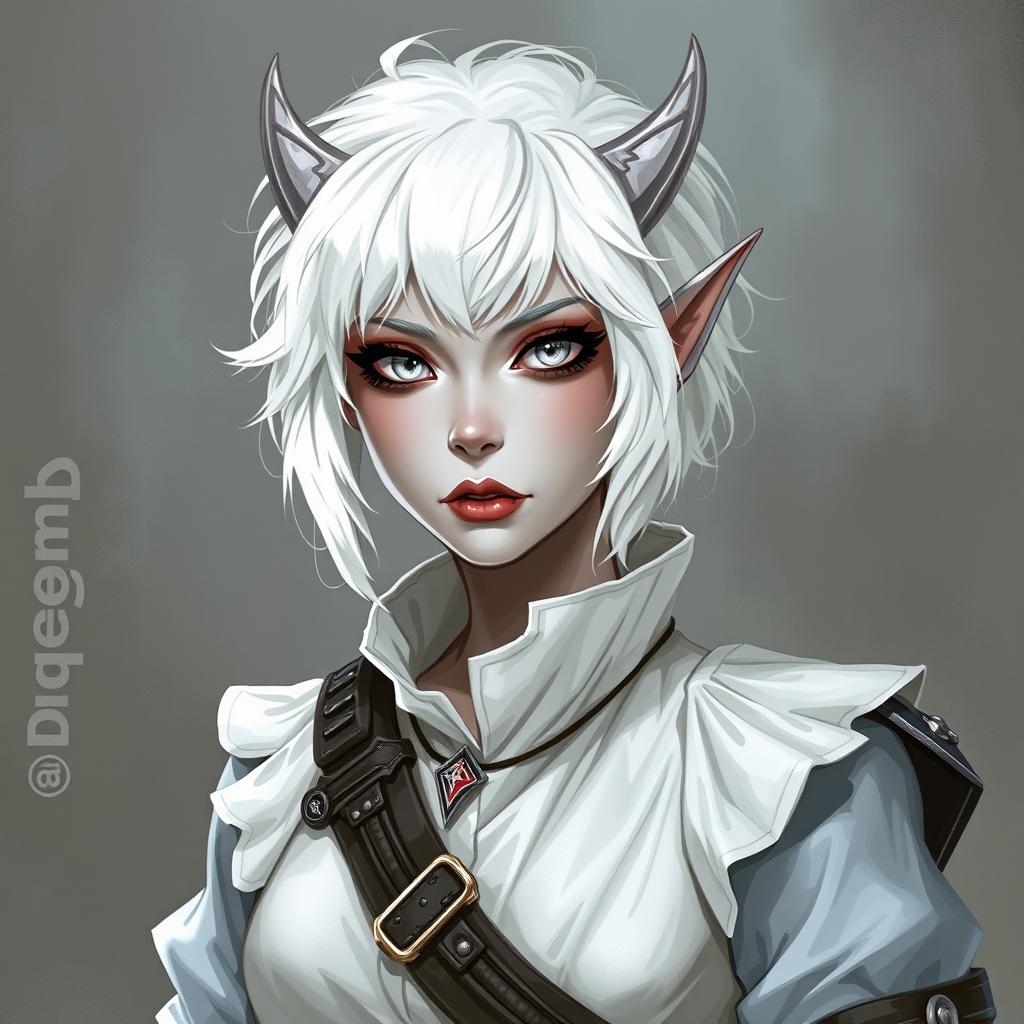 A portrait style illustration of a Dungeons and Dragons character, a changeling ranger with white skin, short fluffy white hair, and completely white eyes