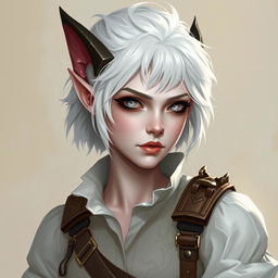 A portrait style illustration of a Dungeons and Dragons character, a changeling ranger with white skin, short fluffy white hair, and completely white eyes