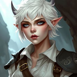 A portrait style illustration of a Dungeons and Dragons character, a changeling ranger with white skin, short fluffy white hair, and completely white eyes