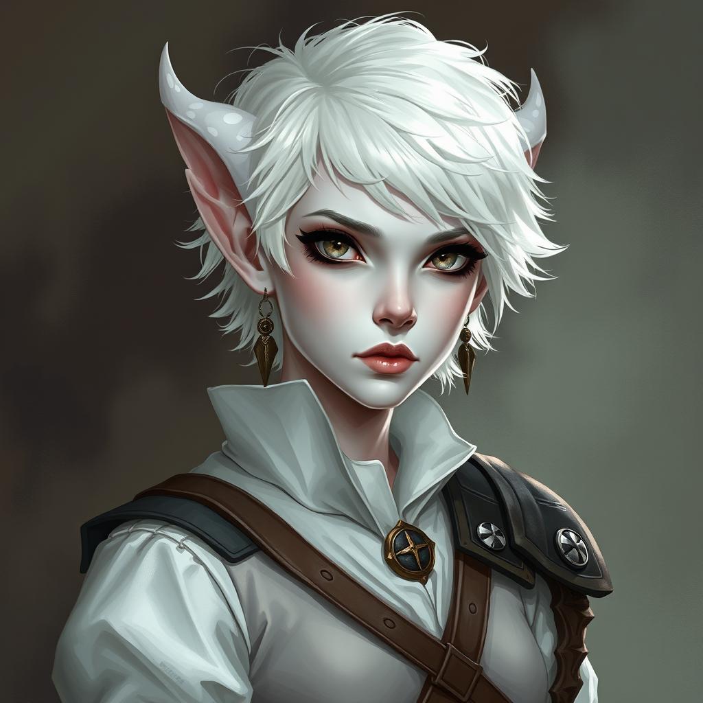 A portrait style illustration of a Dungeons and Dragons character, a changeling ranger with white skin, short fluffy white hair, and completely white eyes