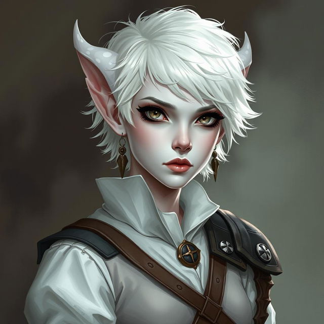 A portrait style illustration of a Dungeons and Dragons character, a changeling ranger with white skin, short fluffy white hair, and completely white eyes